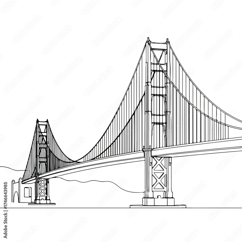 Fototapeta premium Drawing of Golden Gate Bridge showcasing iconic landmark. Golden Gate Bridge line art emphasizes structural elegance and architectural design, outlining its form.