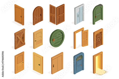 Isometric Door Icons. Door icons isometric set. wooden door, arched door, double door, glass door, rustic barn door, modern door, round door, open door, closed door, door with