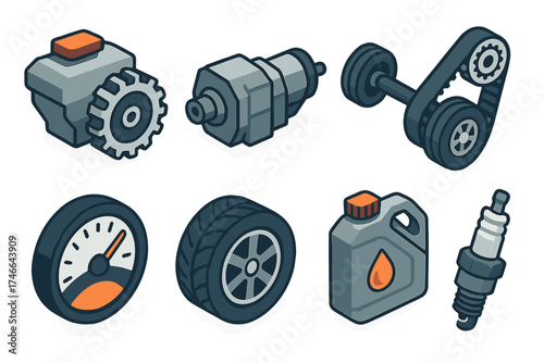 Automotive Gear Icons. Automotive Gear Teeth isometric set. car engine, gearbox, axle, timing belt, dashboard gauge, wheel, oil can, spark plug.