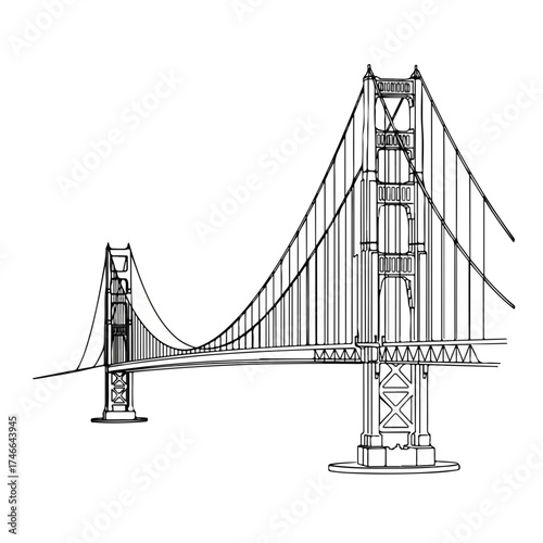 Iconic bridge isolated, an impressive engineering marvel over water. Golden Gate bridge spans body of water, showcasing towers, cables, and road deck, connecting distant shores.