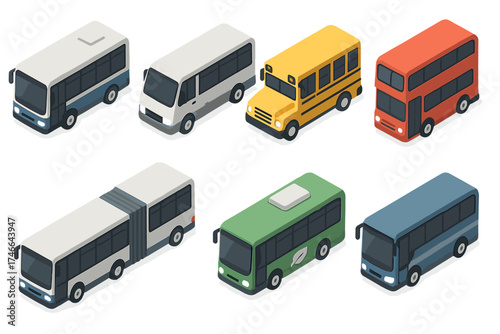Isometric Bus Icons. Public buses isometric set. city bus, shuttle bus, school bus, double-decker bus, articulated bus, mini bus, eco electric bus, tourist bus.