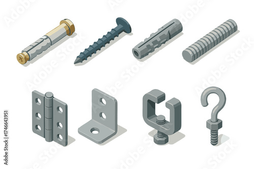Isometric Fasteners Icons. Construction Fasteners isometric set. anchor bolt, masonry screw, wall plug, threaded rod, hinge, bracket, clamp, hook.
