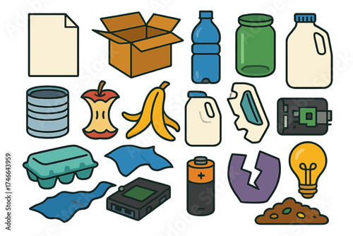 Vibrant Waste Sorting. Waste sorting flat icon set. paper sheet, cardboard box, plastic bottle, glass jar, tin can, food scraps, apple core, banana peel, milk jug, egg carton