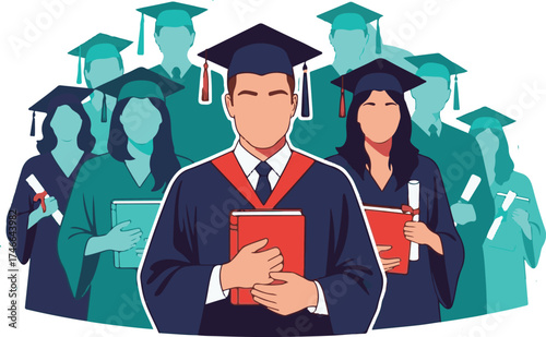 Flat Vector Illustration of Graduates in Blue and Teal Academic Attire