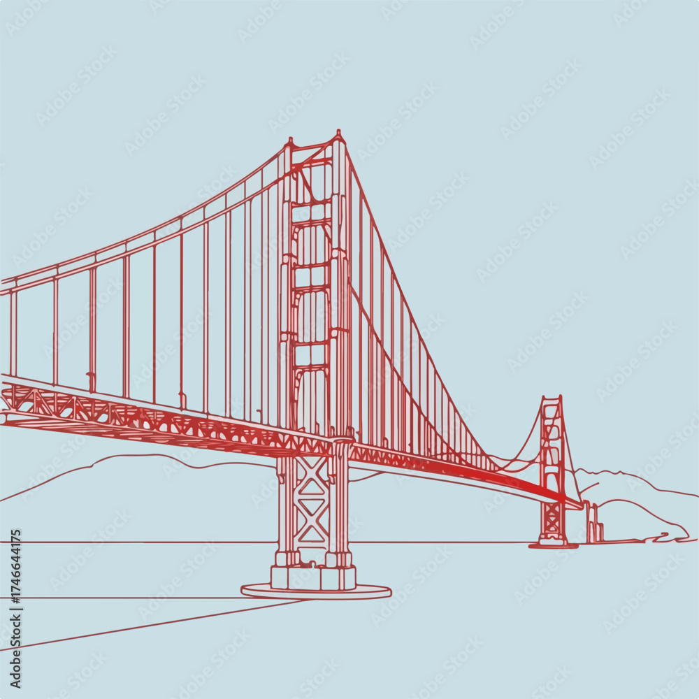 Obraz premium Red outline bridge drawing on light blue depicts city communications systems. Line art city bridge sketch highlights structural supports, with simplified horizon and minimal detail.