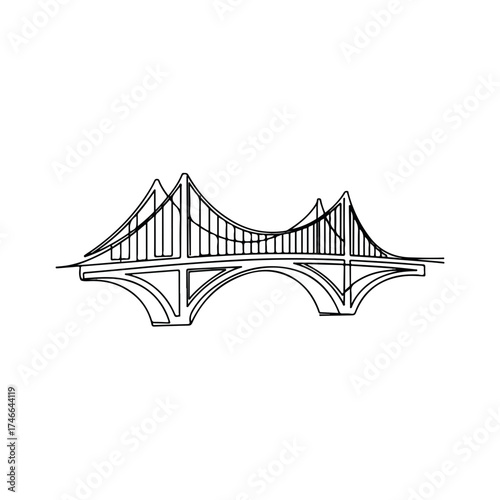Line drawing shows bridge, a simple construction on plain white background. Modern bridge spans great distance with minimalist art. Expressive line drawing is ideal for city communications systems.