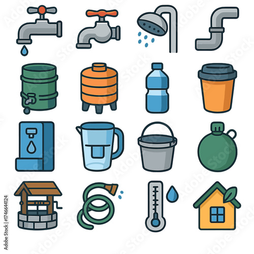 Water Utility Icons. Utility visuals isometric set. faucet, tap handle, shower head, water pipe, rain barrel, storage tank, water bottle, reusable cup, refill station, filter jug