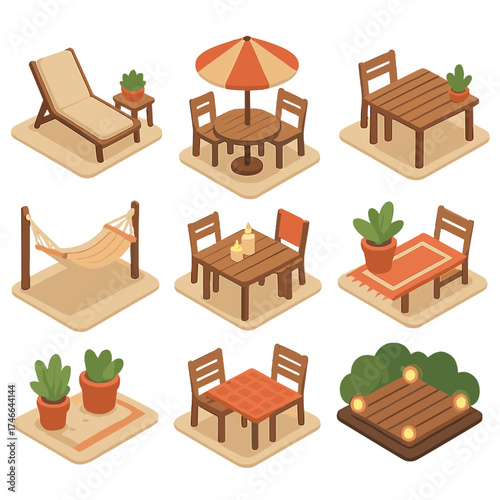 Isometric Patio Icons. Cozy patios isometric set. lounge chair patio, umbrella patio, garden table patio, hammock patio, candlelit patio, rug-covered patio, potted plant patio