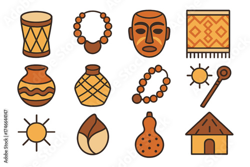 Heritage Icons Collection. Heritage shrine isometric set. drum, necklace, mask, woven cloth, pottery, basket, bead, staff, sun, seed, gourd, house.