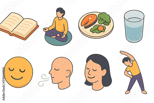 Mindfulness Icon Set. Healthy mind isometric set. open book, meditation pose, healthy meal, water glass, restful sleep, smiling face, breathing flow, stretching body.