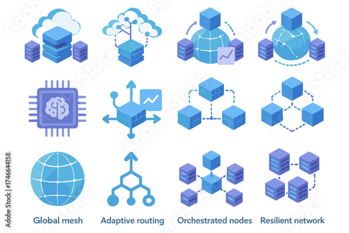 Service Mesh Icons. Service Mesh Advanced isometric set. hybrid cloud mesh, multi-cluster mesh, edge mesh, AI-driven routing, predictive service mesh, federated mesh, global mesh