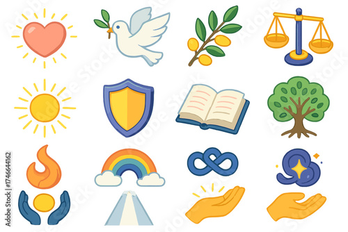 Virtuous Isometric Icons. Virtue imagery isometric set. heart glow, peace dove, olive branch, balanced scales, radiant sun, shield, open book, tree of life, spiral flame, rainbow