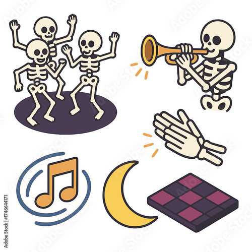 Isometric Skeleton Dance Party. Skeleton dance isometric set. group of skeletons, trumpet sound, clapping bones, swirling music, crescent moon, dance floor