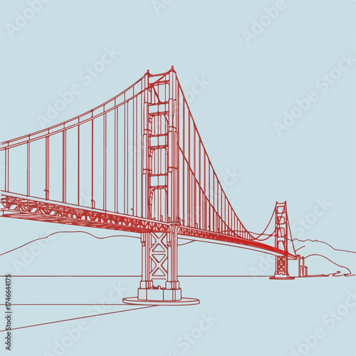Red outline bridge drawing on light blue depicts city communications systems. Line art city bridge sketch highlights structural supports, with simplified horizon and minimal detail.