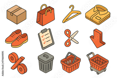 Clearance Sale Icons. Clearance sale sign isometric set. box, open bag, hanger, folded shirt, shoes, checklist, scissors, down arrow, percent symbol, trash bin, basket, cart.