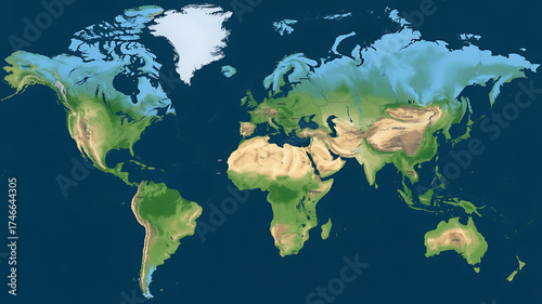 A detailed world map showing continents and oceans with varied terrain features.