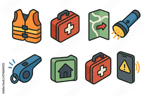 Safety Essentials Icon Set. Safety icons isometric set. life jacket, emergency kit, evacuation map, flashlight, whistle, shelter symbol, first aid kit, phone alert.