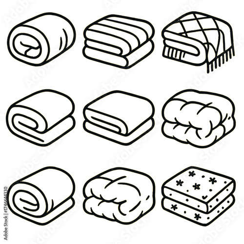 Cozy Blanket Icons. Cozy blanket outline set. wrapped fabric, blanket with stripes, folded quilt, tasseled cover, draped throw, warm roll, fluffy comforter, patterned sheet.