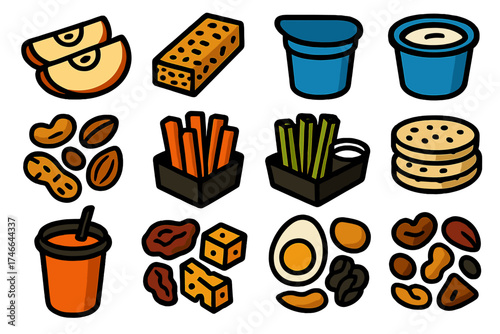 Bold Snack Icons. Snack Healthy silhouette set. apple slices, granola bar, yogurt cup, mixed nuts, carrot sticks, celery with dip, rice cakes, smoothie cup, dried fruit, cheese