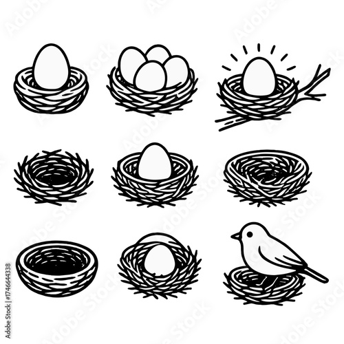 Egg Nest Icons. Egg nest outline set. nest with single egg, clustered eggs, woven straw nest, branch with nest, glowing egg inside, detailed twigs, small round nest, perched bird.