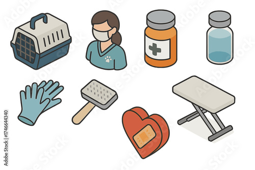 Isometric Pet Clinic Icons. Pet clinic isometric set. pet carrier box, vet nurse, pill bottle, injection vial, medical gloves, grooming brush, vet table, healing icon.