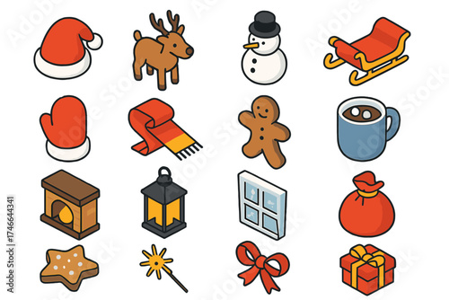 Festive Icons Collection. Festive symbols isometric set. Santa hat, reindeer, snowman, sleigh, mitten, scarf, gingerbread man, hot cocoa, fireplace, candle lantern, frosted window