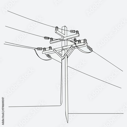 City communications system infrastructure with detailed overhead cables and utility pole depicted in an artistic drawing.