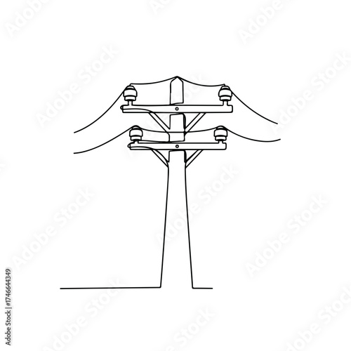 City communications systems on white background shows overhead power lines connected to utility pole. City communications systems allow electricity to be transmitted through wires.