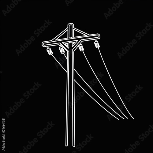 Depiction of utility pole showing wiring system against black background. Utility pole is constructed with wooden beams and glass insulators.