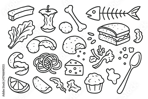 Food Waste Outline. Food remnants outline set. bread crust, apple core, chicken bone, fish skeleton, half sandwich, broken cookie, wilted lettuce, leftover pasta, rice grains