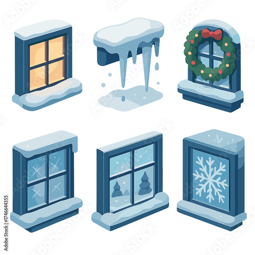 Cozy Winter Window Icons. Cozy winter isometric set. warm light window, snow-covered ledge, icicle drops, holiday wreath on window, frosty pane glow, snow outside view, snowflake