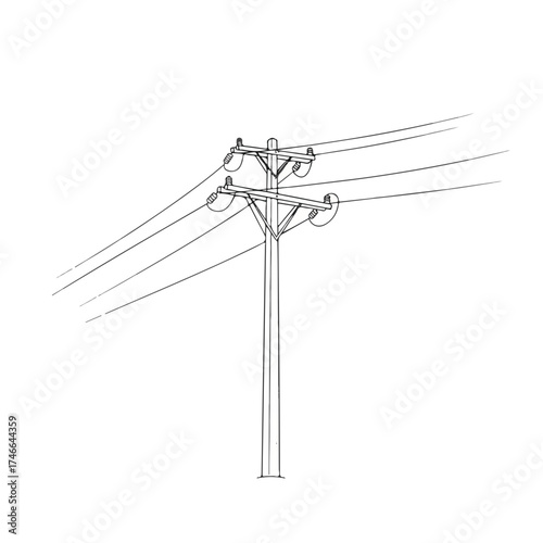 Power line illustration featuring pole with electric cables isolated on white background. Power line and cabling showcase city infrastructure with linear design and minimalistic approach.