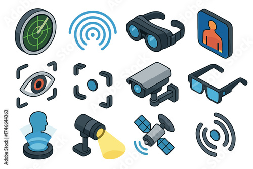 Technology Visibility Icons. Visibility Technology isometric set. radar screen, sonar waves, night vision goggles, thermal vision, infrared scan, camera viewfinder, CCTV camera, AR