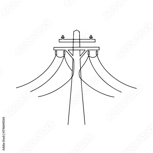 Isolated electric pole with power lines on white showcases infrastructure. Electric pole supports multiple cables, essential components for transmitting electricity across regions.
