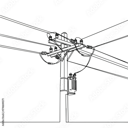 Electric pole line art on white background, presenting detailed electrical components. This electric pole shows wire lines and transformer equipment, representing city infrastructure.