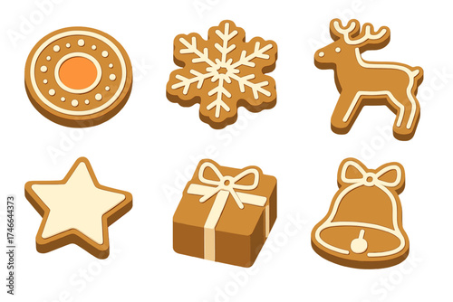 Festive Cookie Icons. Holiday cookie isometric set. decorated circle, snowflake pattern, reindeer cookie, frosted star, gift box, jingle bell