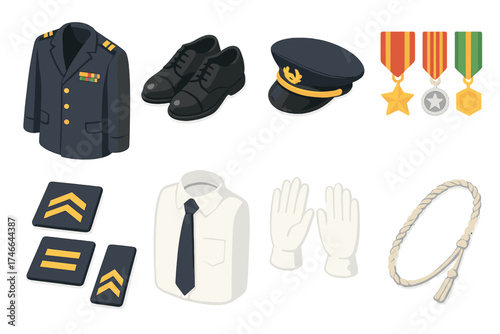 Formal Uniform Icons. Formal uniform isometric set. dress jacket, polished shoes, peaked cap, decorated medals, rank stripes, tie with shirt, gloves, shoulder cord.