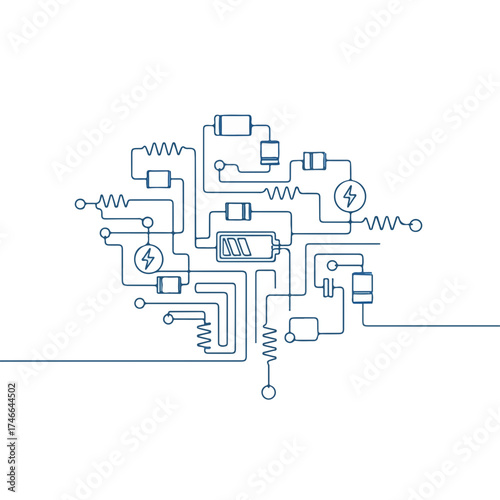 Modern circuit diagram showing battery and resistors on white, creating electrical network layout. This circuit diagram is a technical drawing that maps interconnection of electrical components.