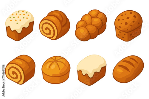 Holiday Bread Icons. Celebration loaf isometric set. loaf with sugar glaze, holiday sweet roll, braided bread, fruit loaf, sliced festive roll, golden holiday bread, iced loaf