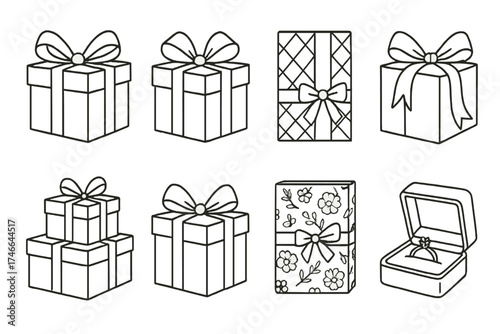 Luxury Gift Icons. Elegant packages outline set. gold ribbon gift, silver bow gift, patterned wrap gift, silk ribbon gift, stacked luxury gifts, pastel gift box, floral wrap gift
