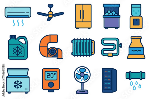 Modern Cooling Icons. Mechanical Cooling flat icon set. air conditioner, ceiling fan, refrigerator, ice machine, coolant bottle, ventilation duct, radiator, cooling tower, freezer