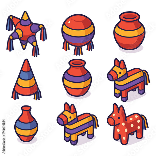 Isometric Piñata Icons. Classic piñatas isometric set. star-shaped clay piñata, round clay piñata, jar clay piñata, pot clay piñata, cone clay piñata, vase piñata, striped piñata