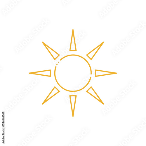 Simple sun icon design shows bright yellow star shape with geometric solar rays. Sun icon represents light and energy, radiating warmth, and simple design makes it suitable for many applications.
