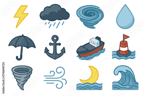 Stormy Icon Collection. Stormy wave isometric set. lightning, dark cloud, whirlpool, raindrop, umbrella, anchor, ship, buoy, tornado, gust lines, moon, tide.