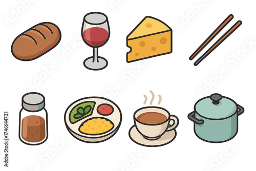 Isometric Food Icons. Food Culture isometric set. bread loaf, wine glass, cheese wedge, chopsticks, spice jar, shared meal plate, tea cup, cooking pot.