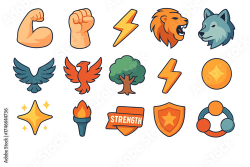 Empowering Symbol Icons. Motivation set isometric set. strong arm, clenched fist, lightning bolt, roaring lion, eagle wings, phoenix, oak tree, wolf head, shining star, flame torch