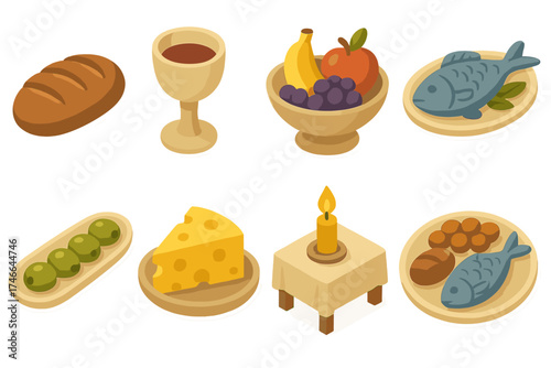 Isometric Feast Icons. Sacred feast isometric set. bread loaf, wine cup, fruit bowl, fish platter, olive dish, cheese plate, candlelit table, shared meal.