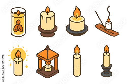Spiritual Candle Icons. Spiritual candles isometric set. prayer candle, altar candle, meditation candle, incense with candle, glowing aura candle, sacred flame, temple candle