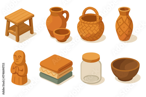 Artisan Shelf Icons. Artisan shelf isometric set. wooden shelf, handmade pottery, woven basket, crafted vase, carved figurine, folded textiles, glass jar, rustic bowl.