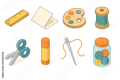 Craft Supplies Isometric Icons. DIY table isometric set. ruler, folded paper, paint palette, thread spool, scissors icon, glue stick, needle and thread, button jar.